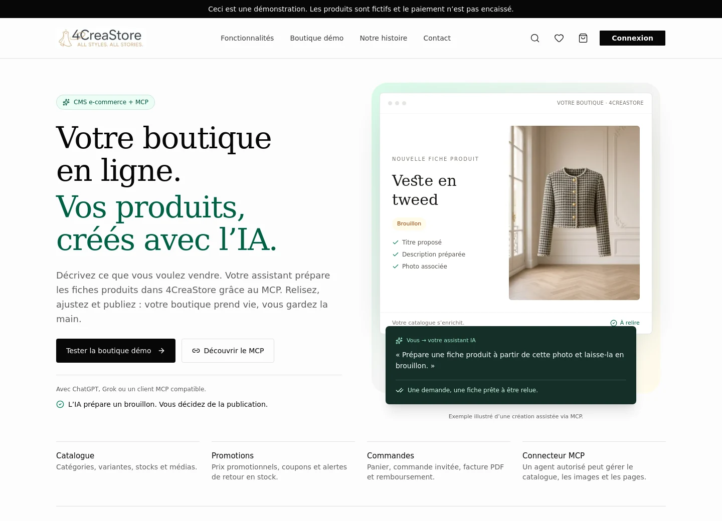 Accueil de 4CreaStore présentant son CMS e-commerce et la création de fiches produits par MCP