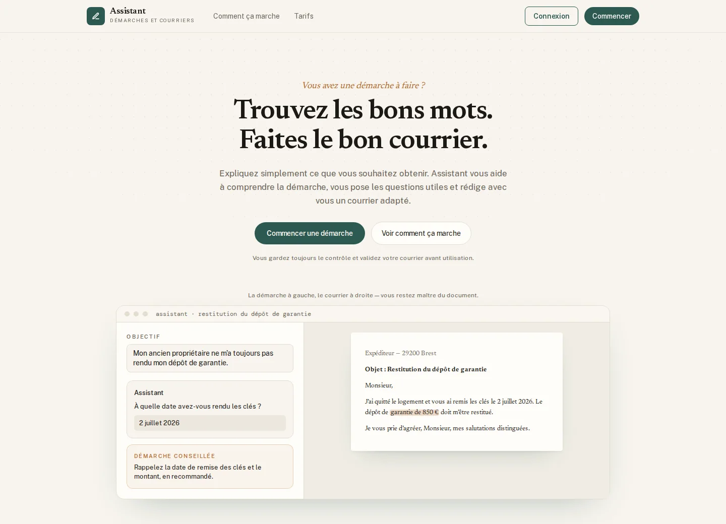 Aperçu de l'application Assistant pour les démarches et courriers